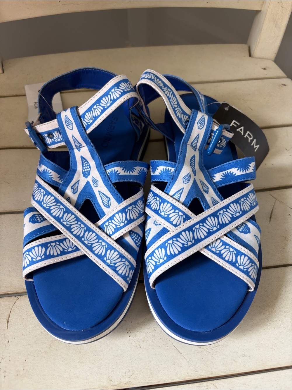 FARM Rio SAND ARANHA SOLAR White & Blue Printed Cross-Strap Sandals in Azul